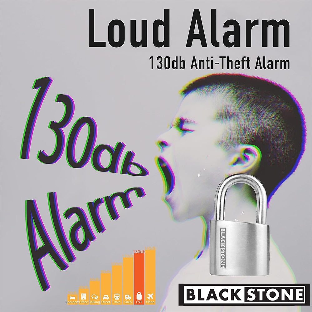 Advert for Black Stone 130db Anti-Theft Alarm featuring a boy yelling with a visual soundwave and a lock, indicating the loudness of the alarm