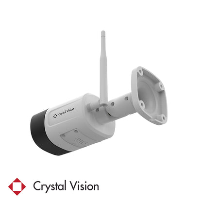 A white Crystal Vision wireless camera featuring a two-way intercom, panic siren, mounted on a gray base with 18 LED floodlight for enhanced brightness.