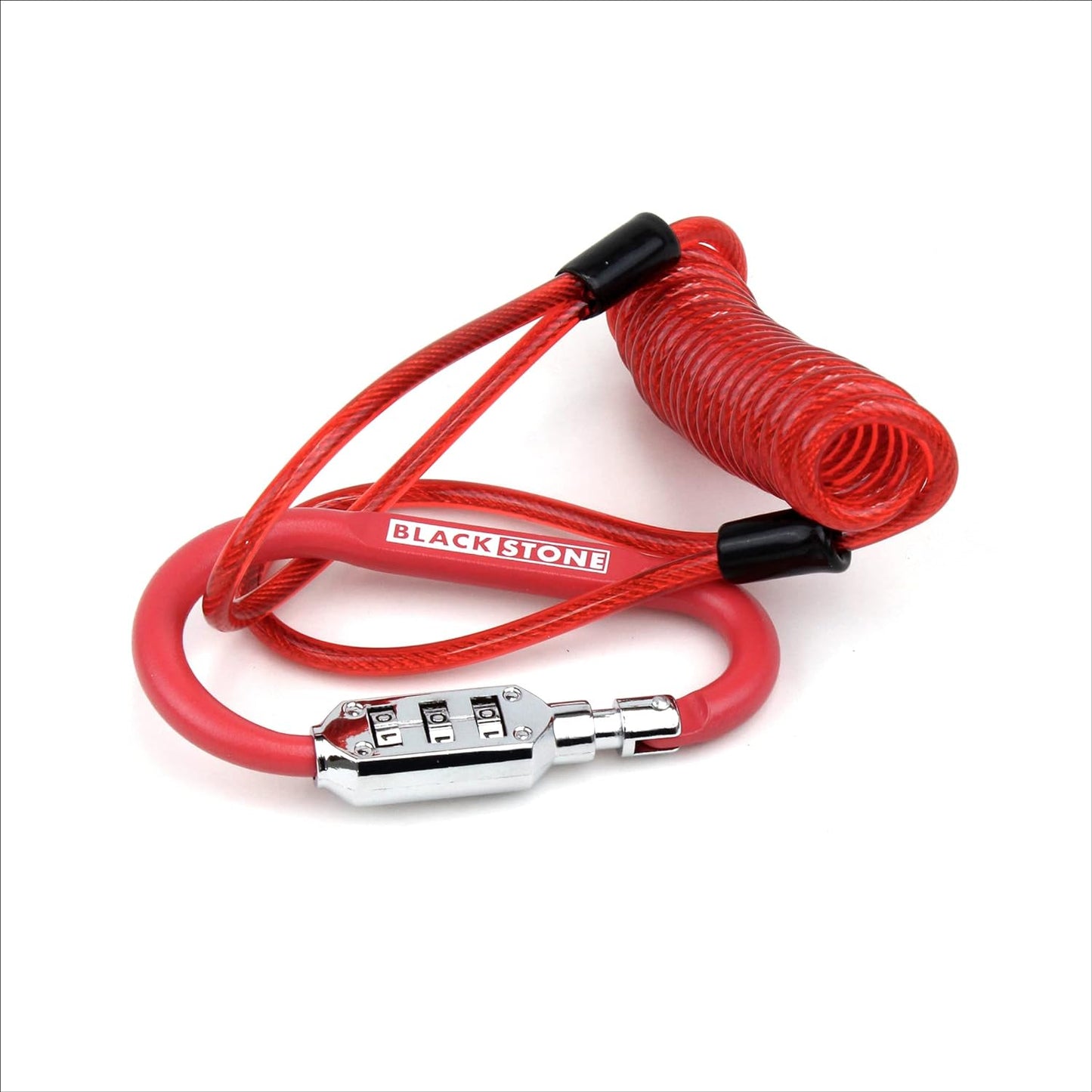 Red Black Stone brand bike lock with combination padlock and coiled cable on a white background