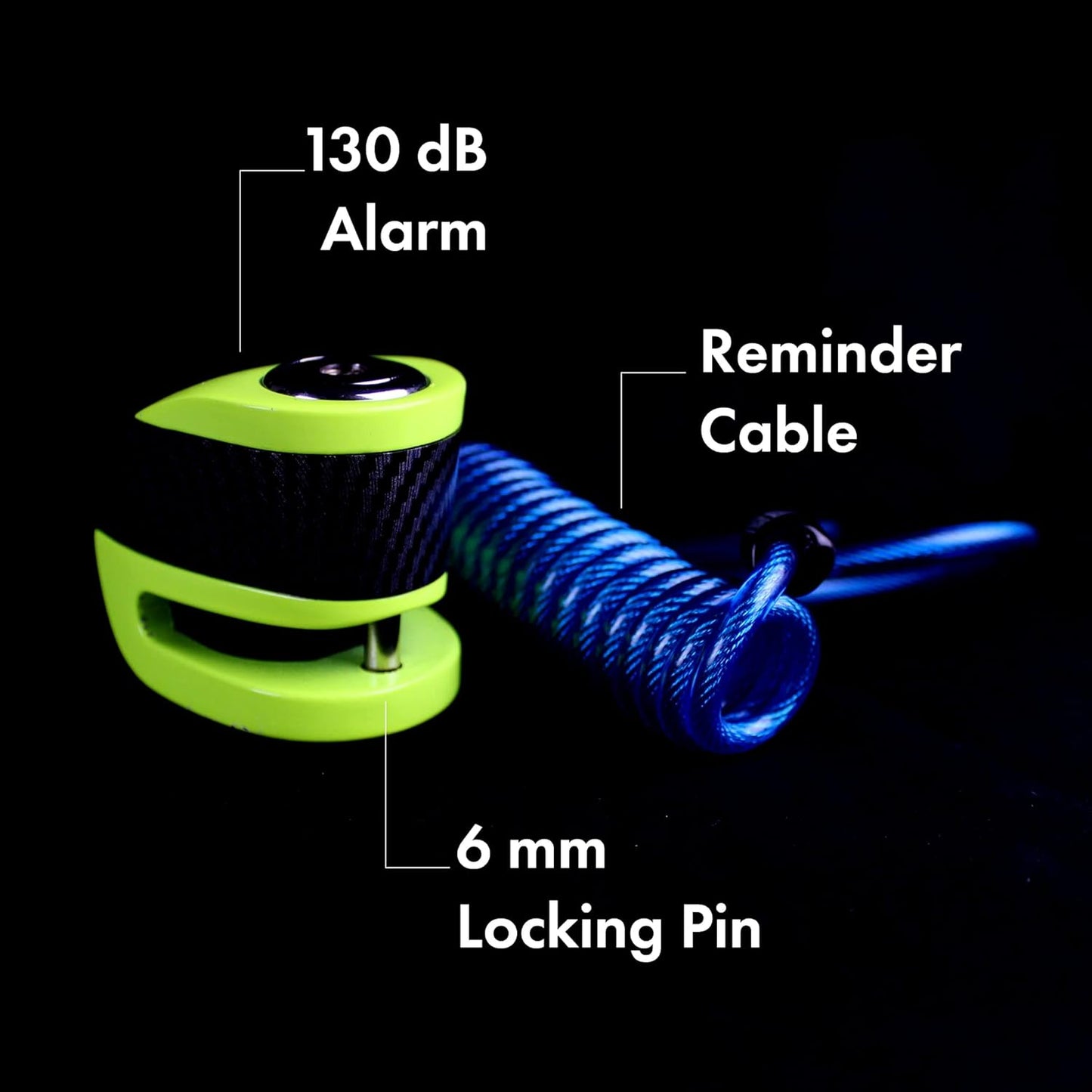 The image showcases a disc lock security system featuring a 130 dB alarm for high alert security. Accompanying the lock is a reminder cable, coiled and colored blue, to prevent an attempt to drive away while the lock is engaged. The lock itself is equipped with a 6 mm locking pin, which is a standard size for securing bike or motorcycle discs. The design is compact and functional with a striking green and black color scheme that likely serves both aesthetic and visibility purposes. 
