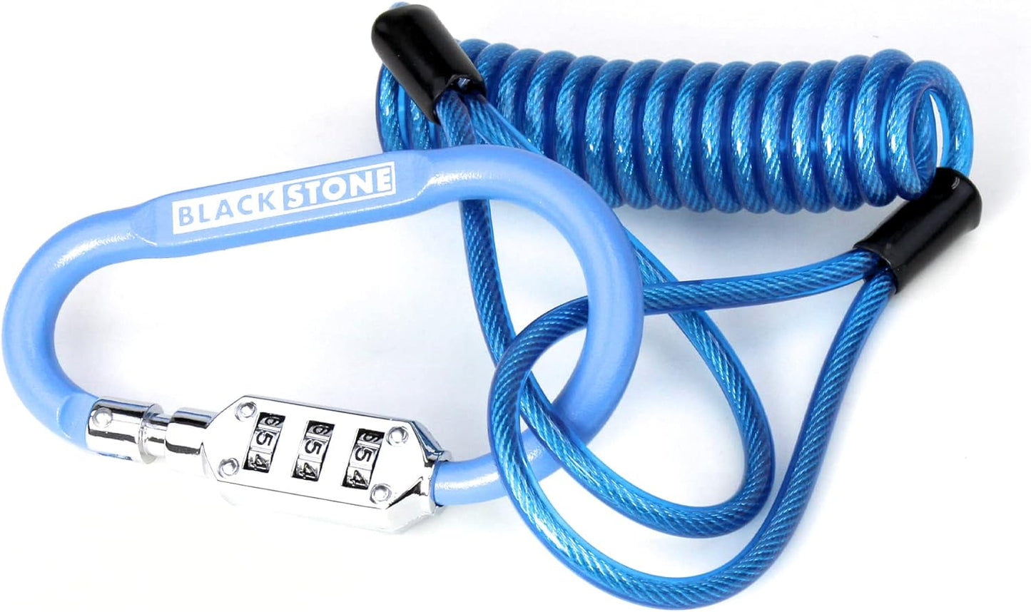 Blue Black Stone brand bike lock with combination padlock and coiled cable on a white background