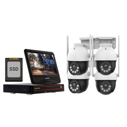 A Crystal Vision security system kit,NVR with 10.1inch monitor, SSD storage, four wireless pan-tilt camera featuring a two-way intercom, panic siren, long antenna, 6 LED floodlight for enhanced brightness