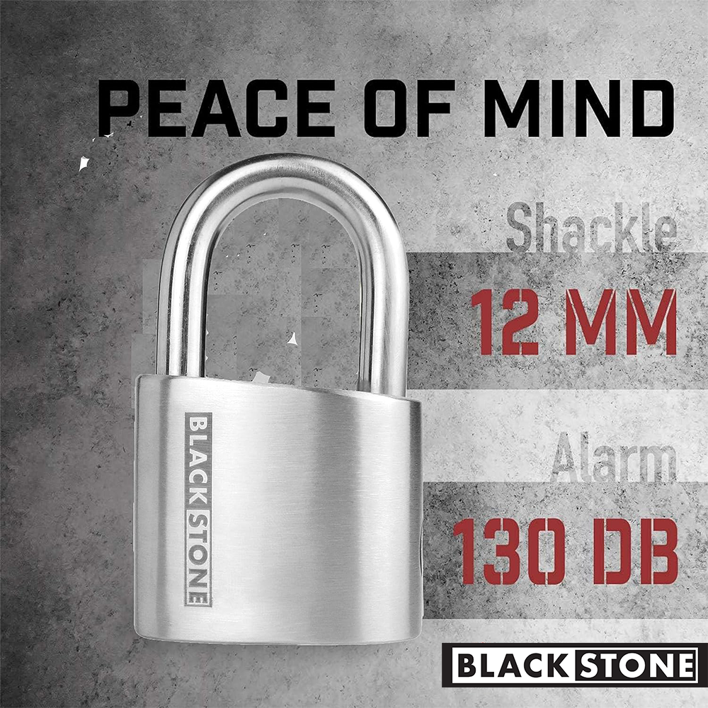 Black Stone padlock featured on a gray concrete background with 'PEACE OF MIND' text, highlighting the shackle thickness of 12 MM and alarm volume of 130 DB