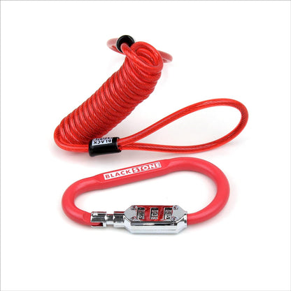 Bright Red Black Stone brand cable lock with a combination padlock and flexible coiled design, isolated on white background