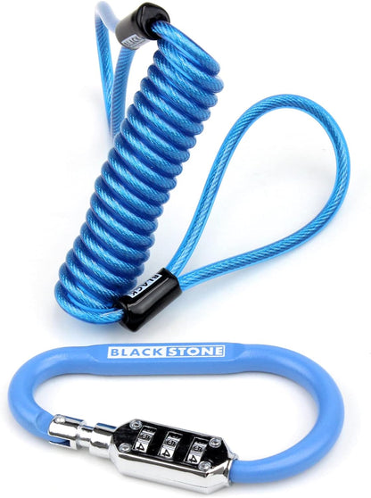 Bright blue Black Stone brand cable lock with a combination padlock and flexible coiled design, isolated on white background