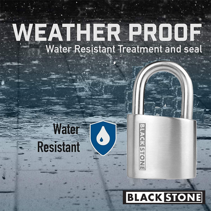 Black Stone weatherproof padlock with water-resistant treatment, showcased against a rainy backdrop, featuring the text 'WEATHER PROOF' and a water drop icon indicating resistance