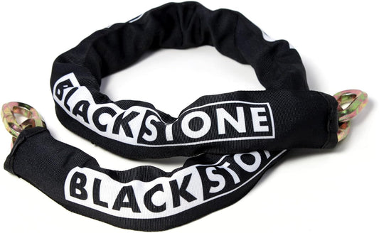 Black and white Black Stone branded security chain covered with a nylon sleeve and multi-colored metal links visible at both ends