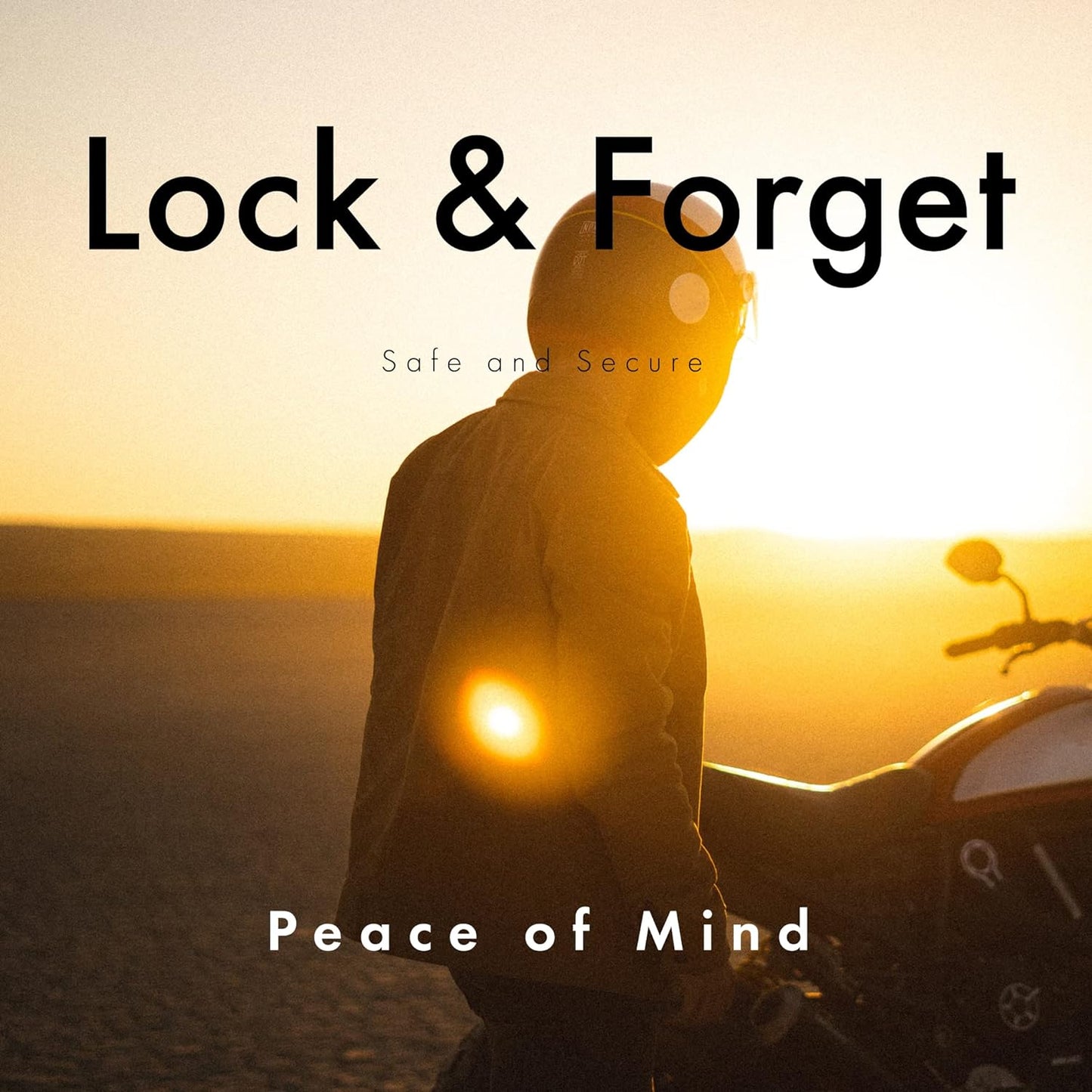 Promotional image for 'Lock & Forget' featuring a motorcyclist at sunset with the words 'Safe and Secure' and 'Peace of Mind' overlaid on the image