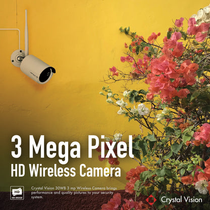An advertisement for Crystal Vision_s 3 Mega Pixel HD Wireless Camera, mounted on a yellow wall next to colorful flowers