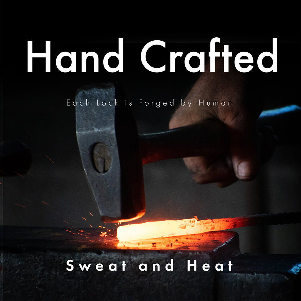 The image portrays the process of handcrafting with a hammer striking a heated piece of metal, likely illustrating the meticulous work involved in forging a lock. The caption "Hand Crafted" emphasizes the individual care and craftsmanship that goes into each product. The words "Sweat and Heat" underscore the labor and intense conditions of the creation process