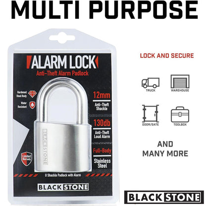 Black Stone multi-purpose anti-theft alarm padlock packaging, highlighting features like a 12mm shackle, 130db alarm, full-body stainless steel, and suitability for trucks, warehouses