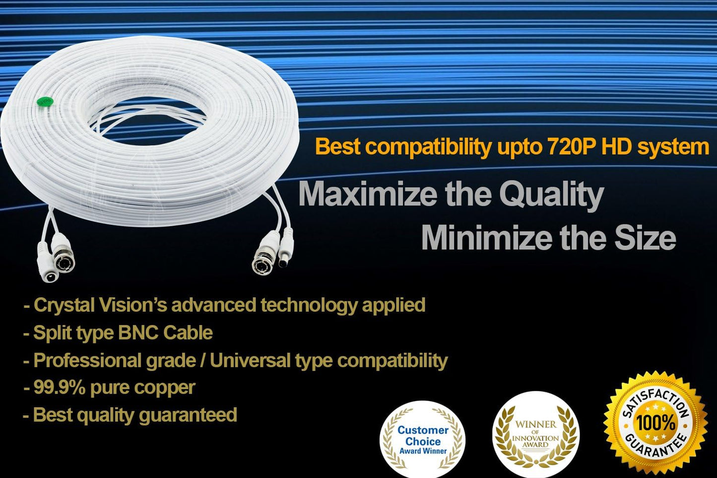 Crystal Vision Siamese Pre-made Video Power BNC Combo Cable for 1080P HD CVI, TVI, AHD w/coupler - Professional Grade (100ft)