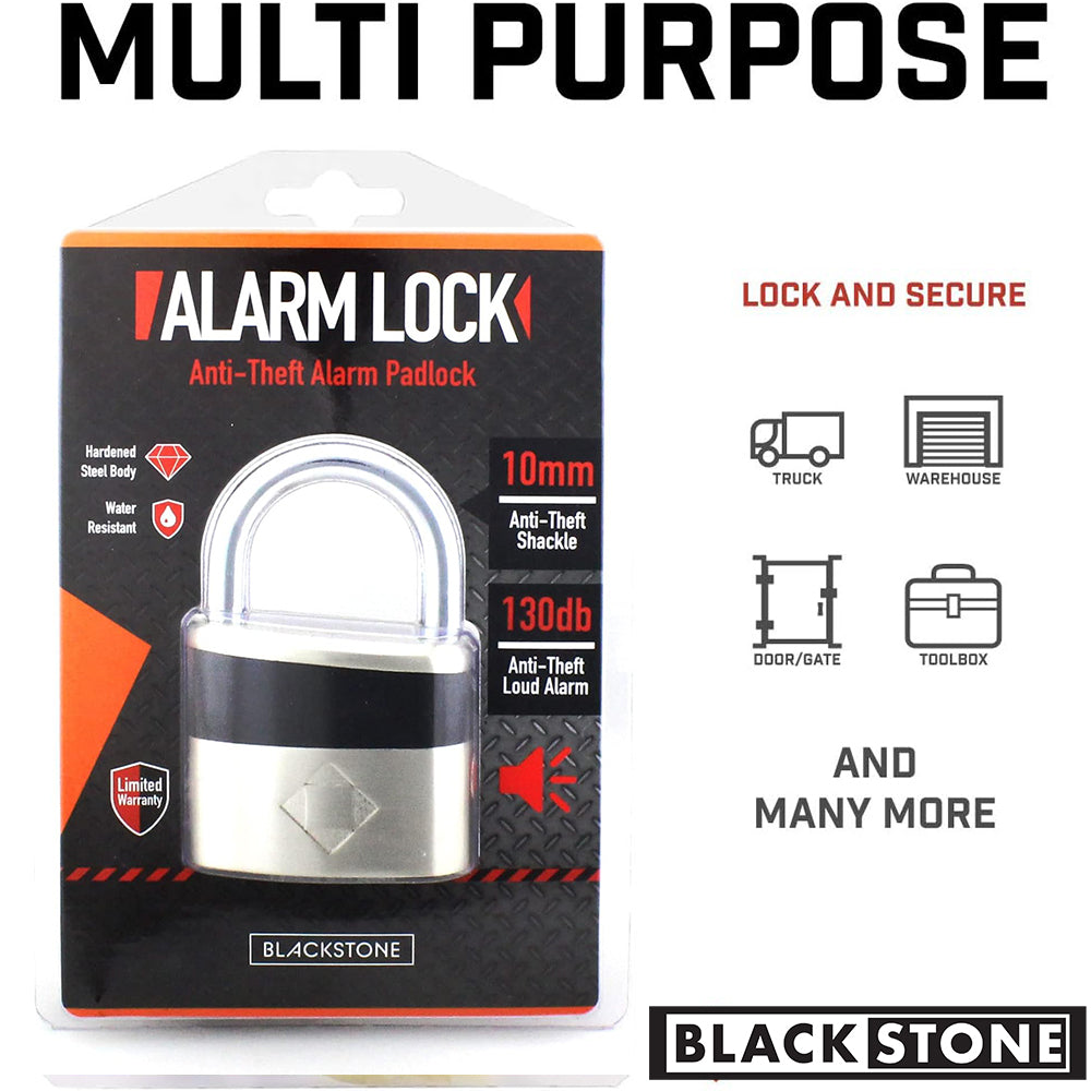 Packaging of a multi-purpose Black Stone anti-theft alarm padlock with an 10 mm anti-theft shackle, hardened steel body, and 130db loud alarm, indicating water resistance and suitability for securing trucks, warehouses, doors/gates, and toolboxes