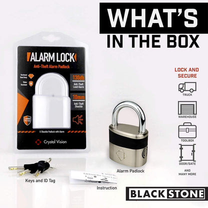 ALT tag: "Product package content display for Black Stone Alarm Lock featuring the anti-theft alarm padlock with a 10 mm shackle, keys and ID tag, and instruction manual, highlighting its suitability for locking trucks, warehouses, toolboxes, doors/gates, and many more, with the 'Black Stone' logo at the bottom right