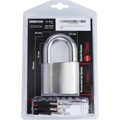 Black Stone Anti-Theft Alarm Padlock packaging featuring a hardened steel body, 12mm anti-theft shackle, and 130db alarm on a clear plastic hang card