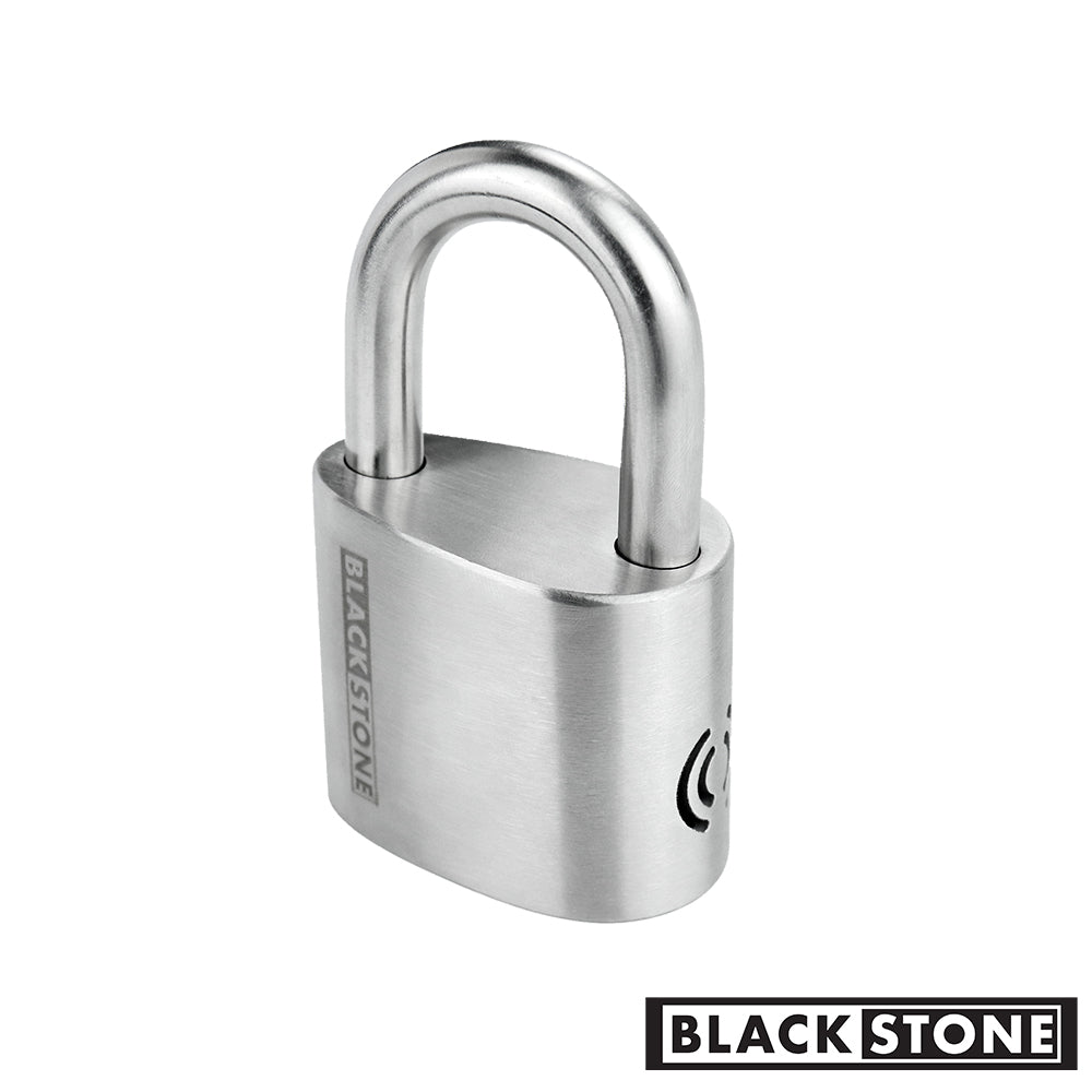Stainless steel Black Stone padlock with a shackle and alarm feature, isolated on a white background with the brand logo visible below