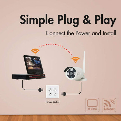 Advertisement showing _Simple Plug & Play_ setup for a Crystal Vision security system, illustrating a monitor and camera connecting wirelessly to a power outlet