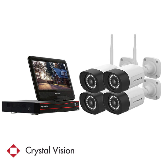 Crystal Vision security system featuring a DVR, 4 wireless cameras featuring a two-way intercom, panic siren, long antenna, mounted on a gray base with 18 LED floodlight for enhanced brightness, visibility