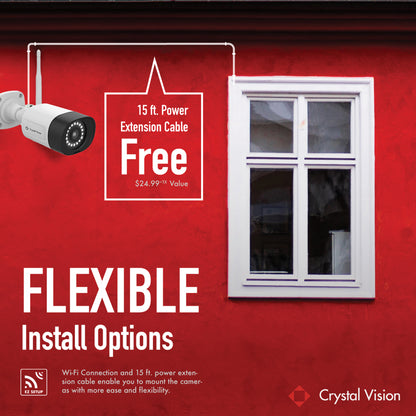 Crystal Vision promotional image featuring a security camera, with an offer for a free 15 ft. power extension cable against a red wall with a white window, and text highlighting _FLEXIBLE Install Options