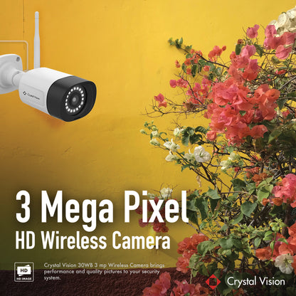 An advertisement for Crystal Vision_s 3 Mega Pixel Camera featuring a two-way intercom, panic siren, mounted on a gray base with 18 LED floodlight for enhanced brightness, mounted on a yellow wall