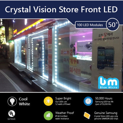 The image advertises Crystal Vision's Store Front LED kit, featuring 100 modules covering 50 feet, cool white illumination, low power usage, and 50,000-hour lifespan. It's weatherproof, UL-certified, and uses genuine Samsung LEDs
