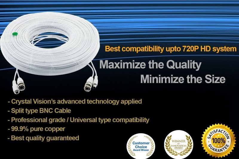 Crystal Vision Siamese Pre - made Video Power BNC Combo Cable for 1080P HD CVI, TVI, AHD w/coupler - Professional Grade (150ft) - variant_title - CCTV Cable