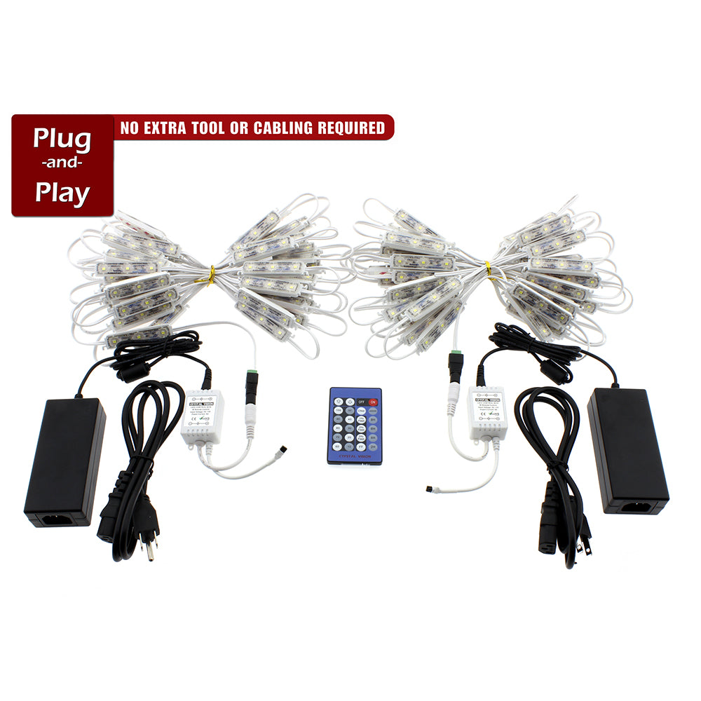 The image shows a plug-and-play LED lighting kit by Crystal Vision, featuring several clusters of LED modules connected to power adapters. A remote control is included for ease of use. The tagline "NO EXTRA TOOL OR CABLE REQUIRED" indicates that the setup is simple and doesn’t require any additional equipment for installation