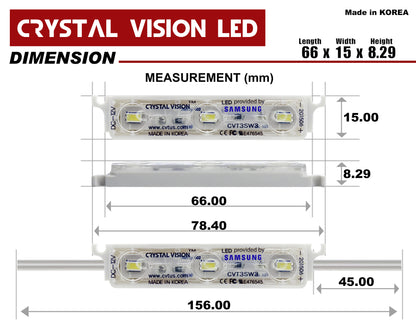 The image shows a dimension chart for Crystal Vision LED modules, with measurements in millimeters. The individual module is 66 mm long, 15 mm wide, and 8.29 mm high, emphasizing Korean manufacture and SAMSUNG LEDs.