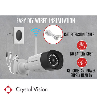 Advertisement for Crystal Vision security camera with DIY installation, a 15ft cable, and no battery cost, emphasizing constant power supply