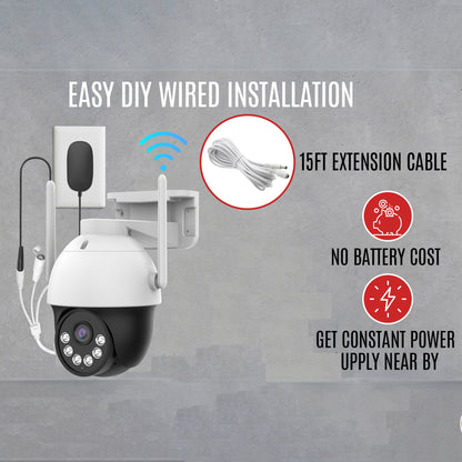 Advertisement for Crystal Vision security pan-tilt camera with DIY installation, a 15ft cable, and no battery cost, emphasizing constant power supply