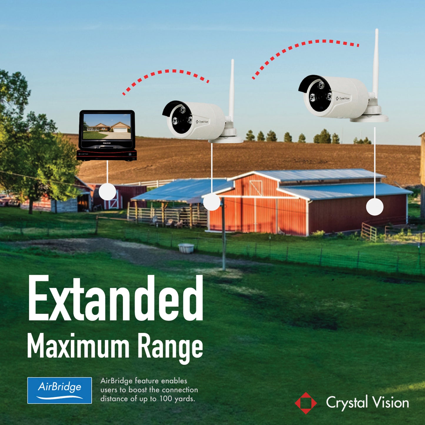 Promotional image for Crystal Vision showing _Extended Maximum Range_ with an AirBridge feature, depicting wireless security cameras connecting over a distance to NVR system