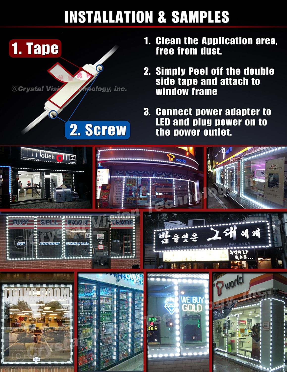 The image is an instructional advertisement from Crystal Vision, detailing the installation process for their LED lighting. It illustrates a two-step installation with options: using tape or screws for mounting. The steps are:  Clean the application area to be free from dust. Peel off the double-sided tape and attach to the window frame. Connect the power adapter to the LED and plug it into the power outlet.
