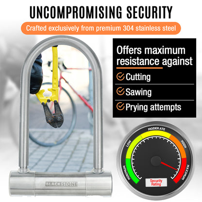 Promotional graphic for Black Stone U-lock displaying 'UNCOMPROMISING SECURITY', with an image of bolt cutters unable to cut through the lock, a security rating dial, and a list of resistances against cutting, sawing, and prying