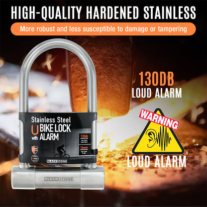 Ad image for Black Stone's high-quality hardened stainless steel U bike lock with alarm, featuring a 130dB loud alarm notice and a warning sign, set against a fiery background for emphasis on security