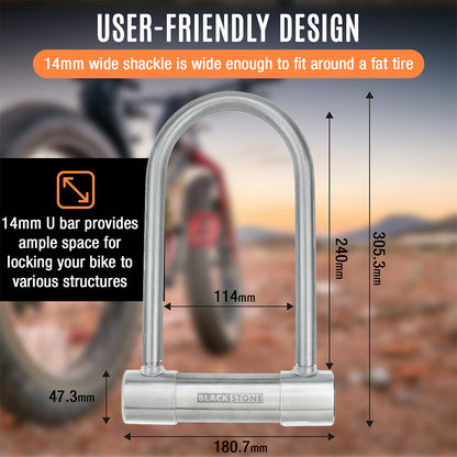 Promotional image of Black Stone's user-friendly design lock, highlighting a 14mm wide shackle that fits fat tires, with dimensions detailed for the U bar against a blurred background with a cyclist