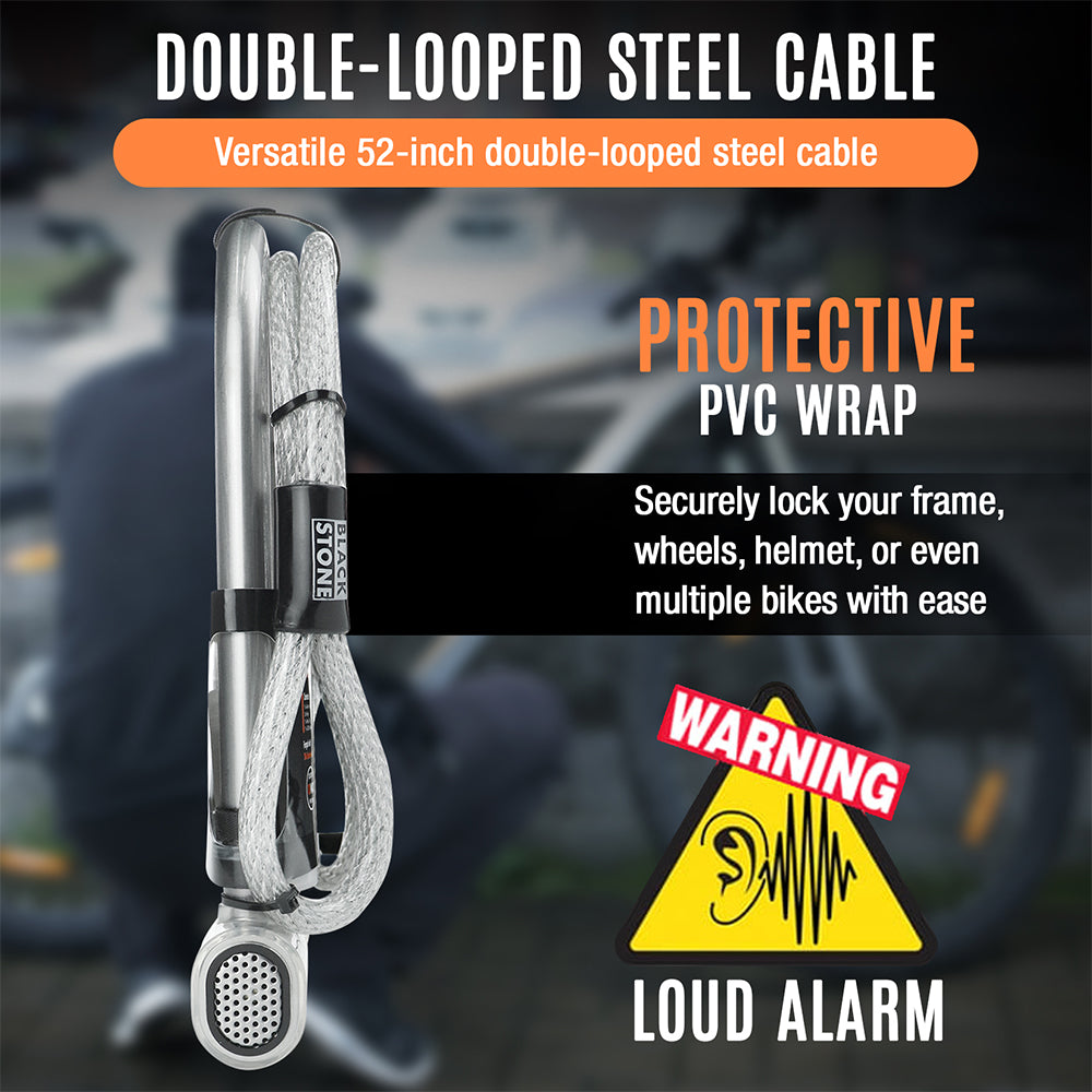 Feature image of Black Stone double-looped steel cable with protective PVC wrap and a warning sign for the loud alarm, emphasizing the ability to secure bike frames, wheels, helmets, or multiple bikes