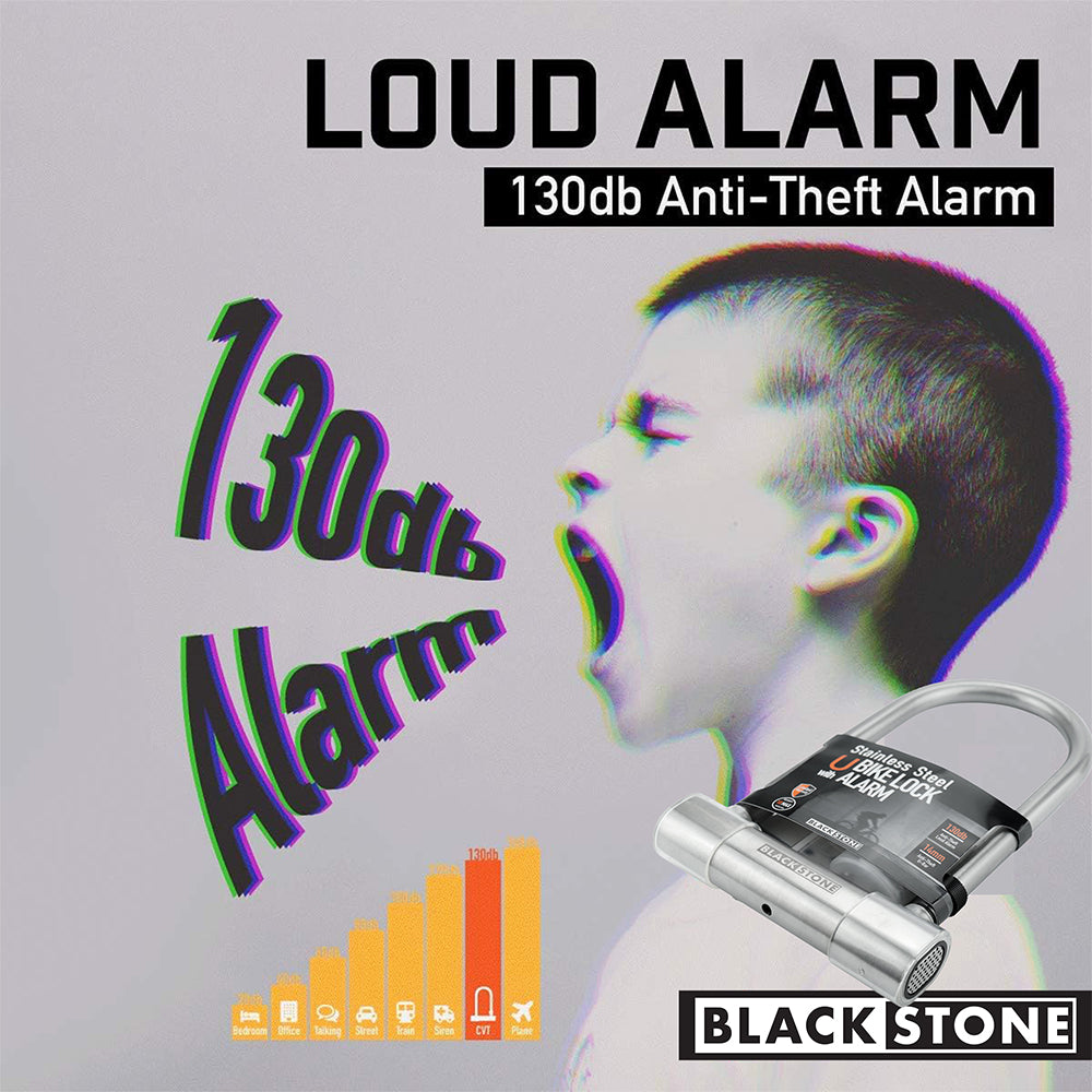 Advertisement for Black Stone's 130db Anti-Theft Alarm Lock, featuring an image of a young boy yelling to demonstrate the alarm's volume, with a sound level comparison chart and the lock in the foreground