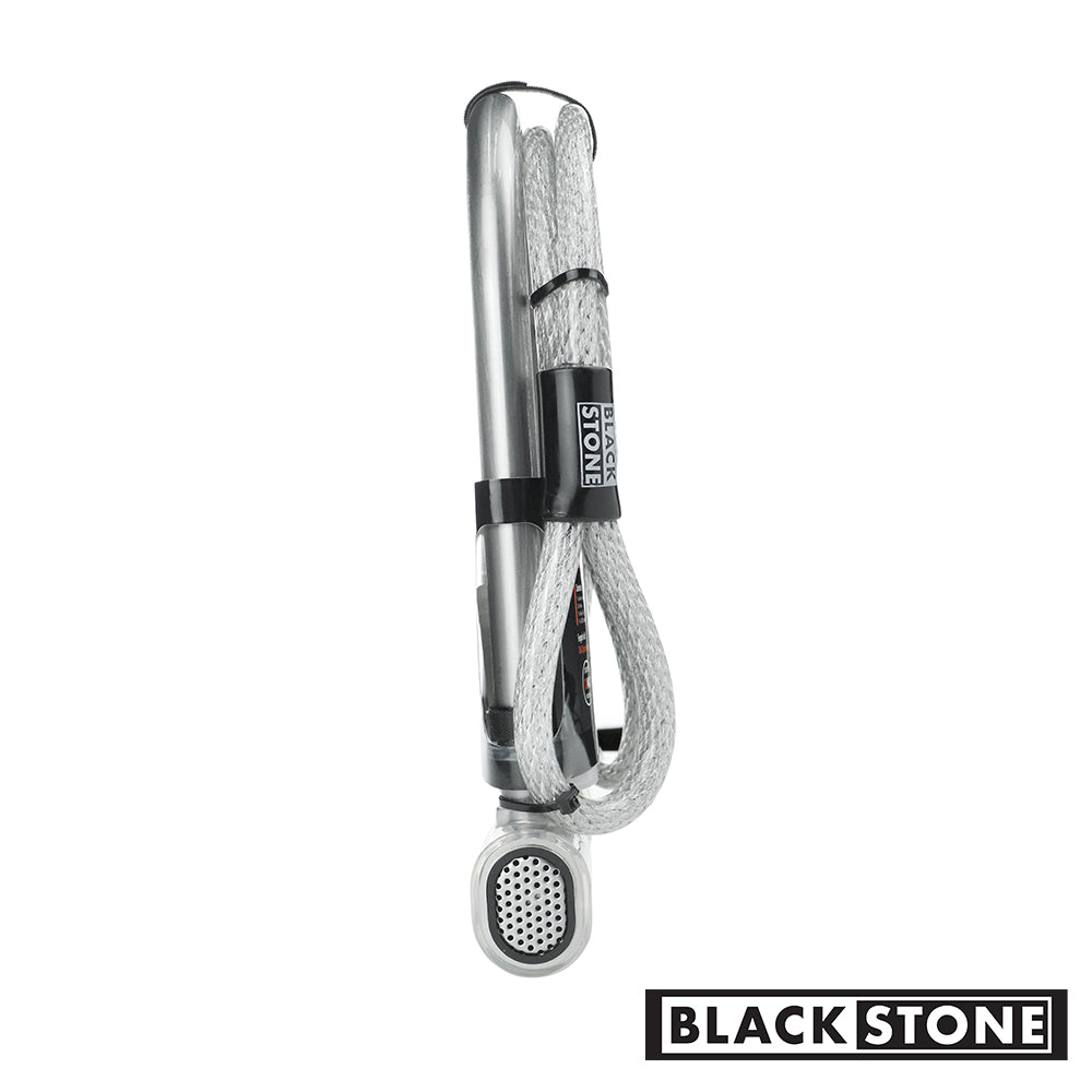 Black Stone alarm lock in a vertical position, showcasing a silver finish and coiled cable, with a speaker end for the alarm function, against a white background