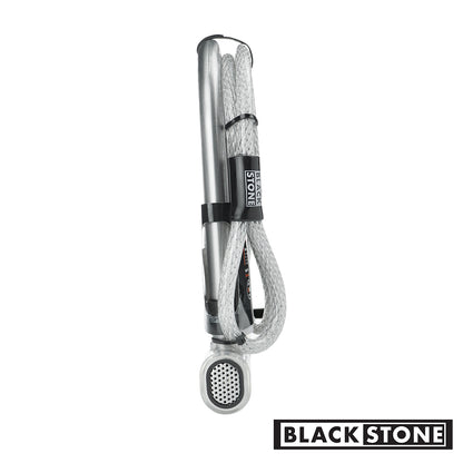 Black Stone alarm lock in a vertical position, showcasing a silver finish and coiled cable, with a speaker end for the alarm function, against a white background