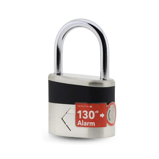 Stainless steel padlock with a built-in 130 dB alarm feature, labeled as 'World's First'. The lock has a silver body with a black band and red details, highlighting the alarm function