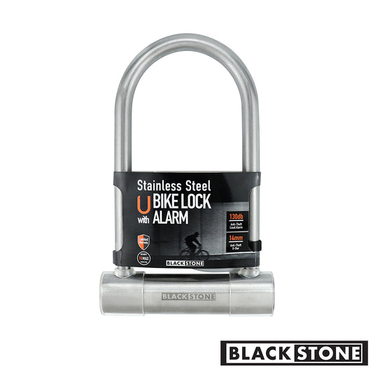 Black Stone stainless steel U bike lock with an integrated alarm, highlighting the 130db loud alarm and 14mm thick bar, displayed against a white background with the brand logo