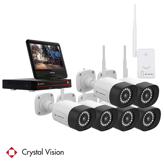 A Crystal Vision security system kit,NVR with 10.1inch monitor ,range extender, and six wireless camera featuring a two-way intercom, panic siren, long antenna, 18 LED floodlight for enhanced brightness.