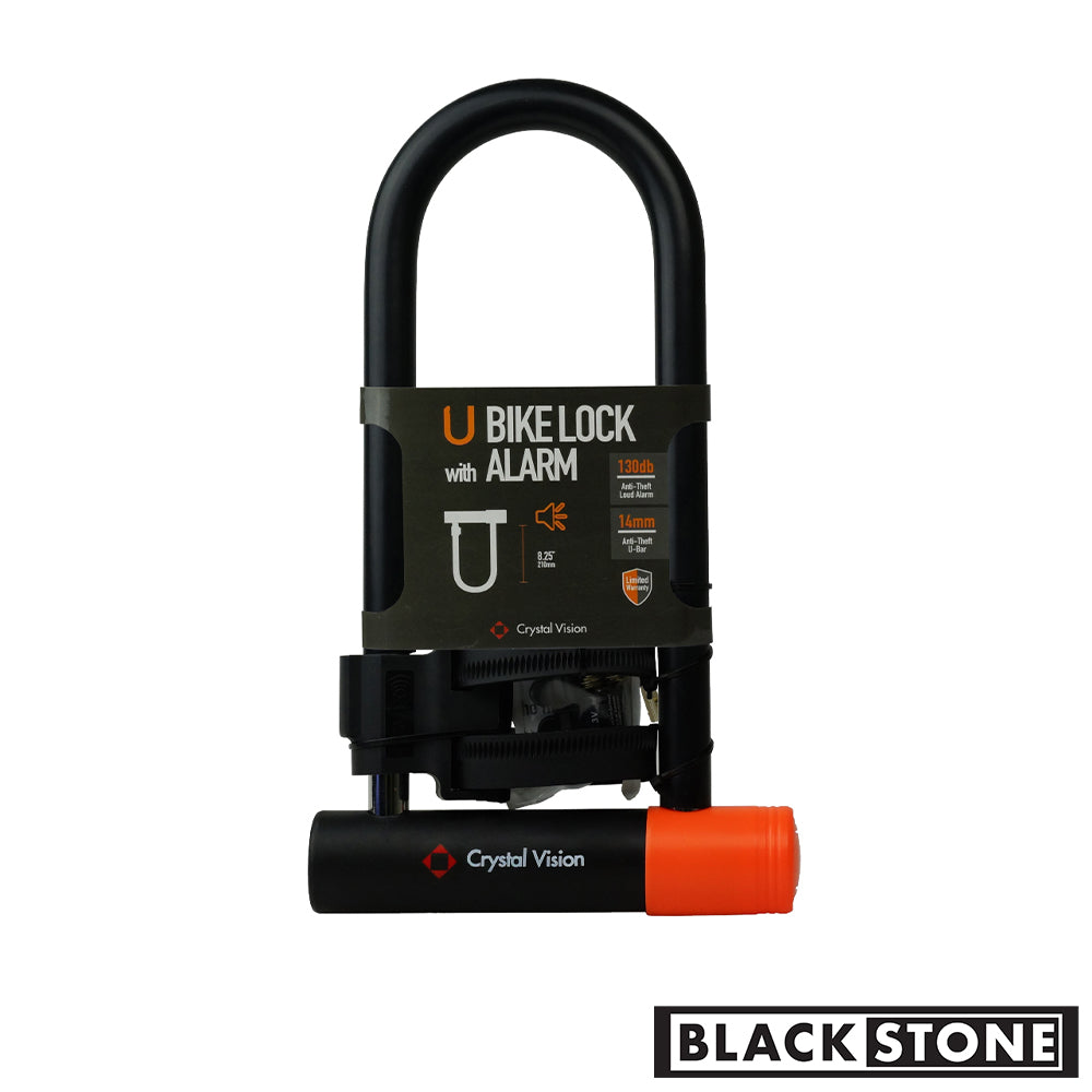 The image features a U-shaped bike lock by Blackstone brand. The lock has a striking orange and black color scheme and comes with an alarm feature, indicated by the text "130db" which suggests it is quite loud, comparable to the noise level of a jet engine. This lock is built to provide robust security for bicycles, with a 14mm thick shackle that resists tampering and cutting.