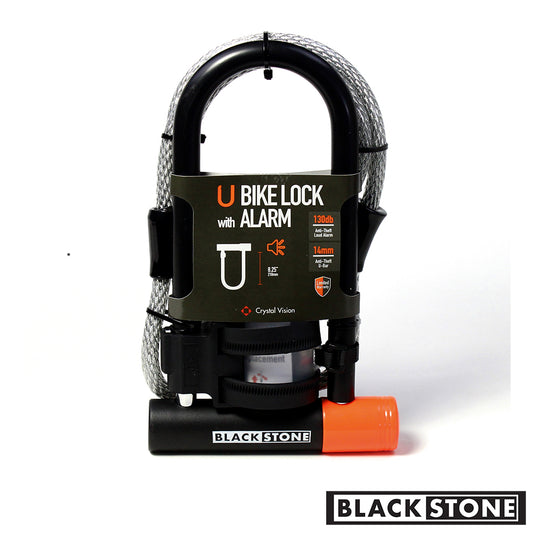 This image showcases the Blackstone U Bike Lock with an alarm feature. The U-bar appears to be robust, complemented by a branding card that highlights its 130db alarm, indicating that it's quite loud. The lock is presented against a simple background, making the product the focal point of the image, which would be suitable for marketing purposes.
