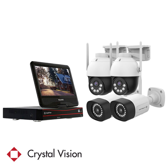 A Crystal Vision security system kit, NVR with 10.1inch monitor, 2 pan-tilt cameras and 2 bullet cameras featuring a two-way intercom, panic siren, long antenna, 6 LED floodlight for enhanced brightness
