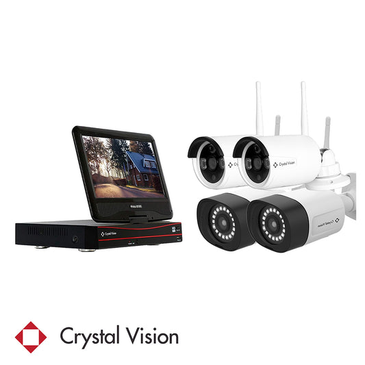 Crystal Vision security system featuring a DVR, 2 wireless cameras featuring a two-way intercom, panic siren, long antenna, mounted on a gray base with 18 LED floodlight for enhanced brightness, 2 3mp camer
