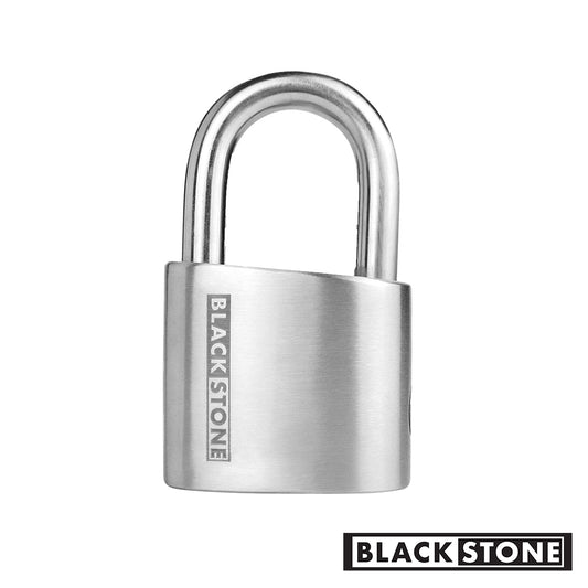 Stainless steel Black Stone padlock with shackle locked in an upright position on a white background with the BLACK STONE logo at the bottom