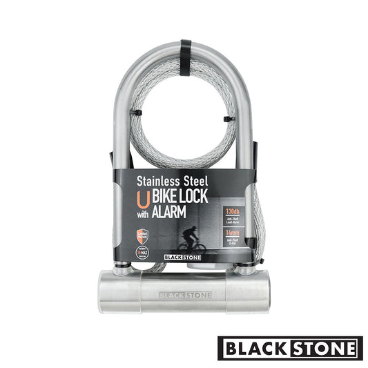 (2024 New Release) BLACKSTONE Stainless Steel U Bike Lock - Secure 130dB Alarm System, 14mm Reinforced Shackle - Ideal for Urban Cyclists & E-Bikes w/Double-Looped Steel Cable