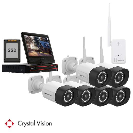 Crystal Vision security system featuring a DVR, SSD storage, 6 wireless cameras featuring a two-way intercom, panic siren, long antenna, mounted on a gray base with 18 LED floodlight for enhanced brightness