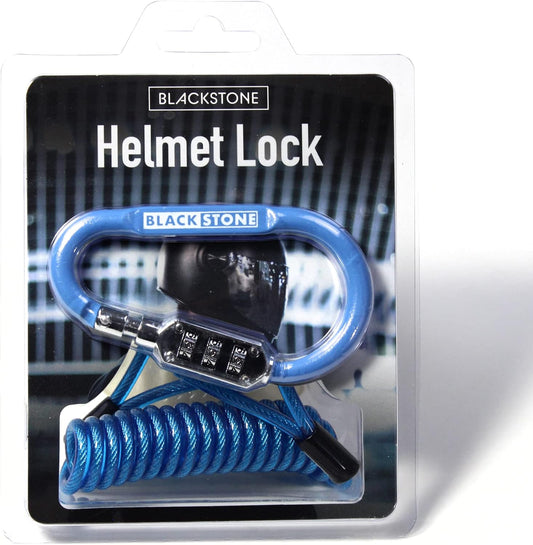 Black Stone Helmet Lock packaging, featuring a blue U-shaped lock with combination padlock and coiled cable, set against a blurred background